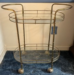 Vintage JH Hollywood Regency Faux Bamboo Brass Serving Trolley With Glass Shelf