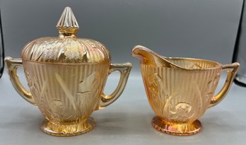 Jeanette Glass Co. Iridescent Iris And Herringbone Marigold Glass Sugar Bowl And Creamer Set - 2 Pieces Total