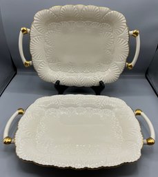 Lenox Porcelain Gold Trim Serving Trays With Handles - 2 Total