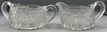 Cut Glass Floral Pattern Sugar Bowl & Creamer Set - 2 Pieces Total