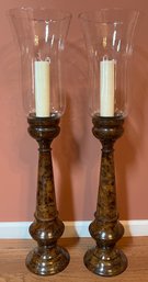 Wood Finished Metal And Glass Hurricane Candlestick Holders - 2 Piece Lot