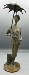 Vintage 1960s Art Deco Brass Lady With Umbrella Figurine