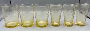 Depression Yellow Etched Glass Tumbler Set - 6 Total