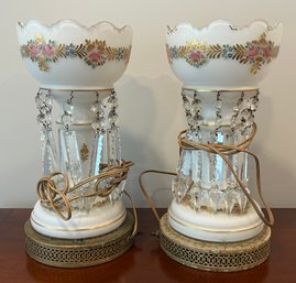 Vintage Hand Painted Floral Pattern Glass Lustre Lamps With Crystal Prisms - 2 Total