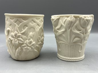 Bisque Porcelain Floral Pattern Tea Light Holders  - 2 Total