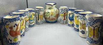 Handpainted Pitcher & Cup Pottery Set - 11 Pieces Total