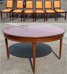 Solid Wood Round Dining Table On Caster Wheels With 6 Wooden Leather Upholstered Studded Chairs - 7 Piece Lot