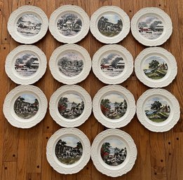 Delano Studios 1962 Hand Colored Ironstone Plate Set - 14 Total - Made In USA