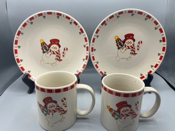 Holiday Snowman Pattern Stoneware Plate And Mug Set - 16 Pieces Total