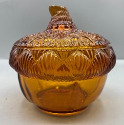 Amber Glass Acorn Bowl With Lid
