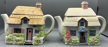 Decorative Hand Painted Ceramic House Teapots - 2 Total - Made In The Philippines