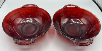 Anchor Hocking Royal Ruby Red Saxon Banded Rib Coronation Bowls With Handles  - 2 Total
