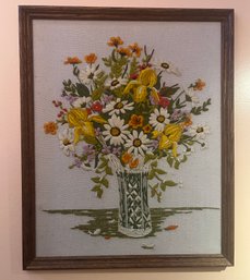 Handcrafted Needlepoint Art Framed - Floral Bouquet With Vase