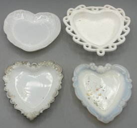 Assorted Milk Glass Heart Shaped Trinket Dishes - 4 Total