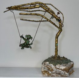 Vintage Handcrafted Metal Sculpture - Girl On Swing - Artist Signed