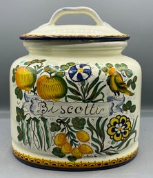 Aldo Fumanti Gubbio Hand Painted Ceramic Biscotti Lidded Jar - Made In Italy