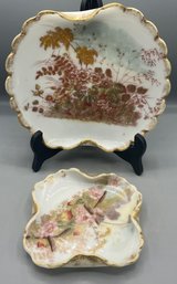 Vintage Hand Painted Floral Pattern Milk Glass Scalloped Plates - 2 Total