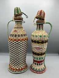 Vintage Hungarian Multi-color Woven Wicker Decanters - 2 Total