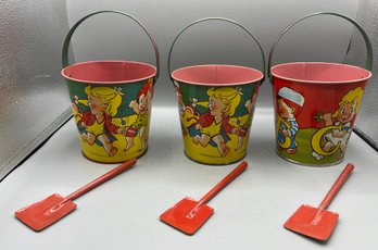 Vintage Metal Toy MFG Co. ABC Pails With Scoopers - 3 Total
