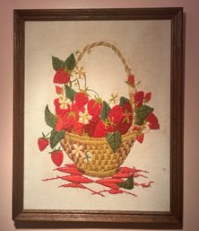 Handcrafted Needlepoint Art Framed - Strawberry Bouquet