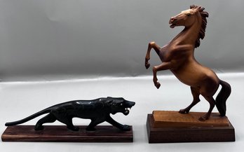 Hand Carved Wood Panther On Wood Base & Horse Figurine On Wood Base- Lot Of 2