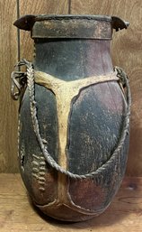 Antique African Primitive Wood Leather & Hide Fishing Jug