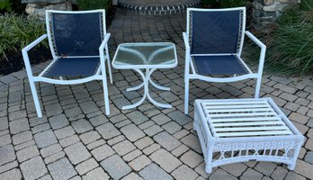 Outdoor Aluminum Mesh-Back Chairs With Glass-Top End Table - 4 Piece Set