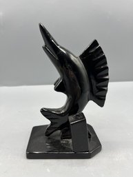 Black Marble Marlin Shaped Pen Holder / Paperweight Figurine
