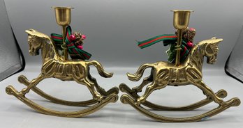 Solid Brass Rocking Horse Candlestick Holders - 2 Total - Made In Taiwan