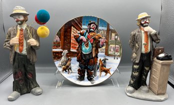 Flambro Emmett Kelly Collection Porcelain Figurines With Collector Plate - 3 Pieces Total