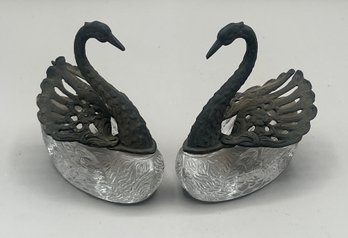 Glass Silver Plated Swan Shaped Salt Cellars - 2 Total