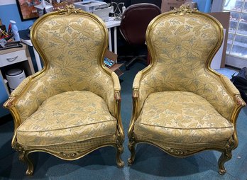 French Louis XVI Custom Upholstered Carved Gold Tone Wooden Arm Chairs - 2 Total Pair. Leaf On Vine Design
