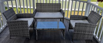 Outdoor Resin Wicker Patio Set Glass Top Coffee Table Loveseat And 2 Chairs -  4 Piece Lot