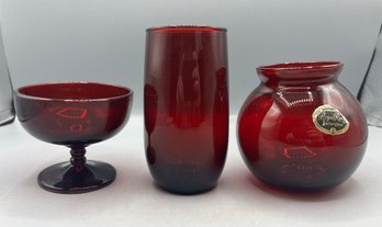 Anchor Hocking Royal Ruby Red Glass Ball Vase/tall Sherbet Cup/vase - 3 Pieces Total