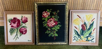 Handcrafted Needlepoint Art Framed - 3 Total - Flowers