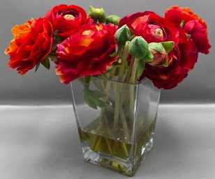 Faux Ranunculus Arrangement In Glass Vase