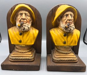Hand Painted Sea Captain Chalkware Bookends - 2 Total