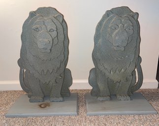 Handcrafted Wooden Lion Statues - 2 Total