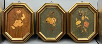 Sorrento Marquetry Wooden Floral Wall Plaques Framed - 3 Total - Made In Italy