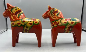 Nils Olsson Hand Painted Wooden Dala Horse Figurines - 2 Total - Made In Sweden