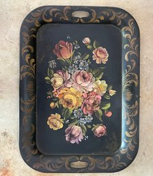 Hand Painted Metal Floral Pattern Serving Tray With Handles