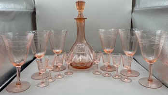 Art Deco Etched Pink Optic Glass Decanter With Assorted Etched Glasses  - 15 Pieces Total