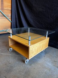 Glass Top Rolling Wood Table With Storage