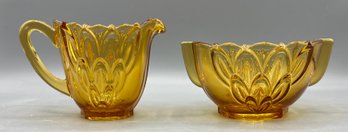 Stolze Glass Co. Amber Glass Artichoke Pattern Sugar Bowl And Creamer Set - 2 Pieces Total