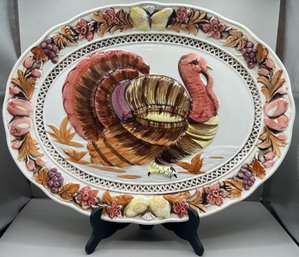 Hand Painted Ceramic Thanksgiving Turkey Serving Platter - Made In Japan