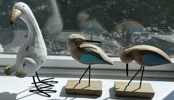 Hand Carved Wood Seagull And Sea Birds- Lot Of 3