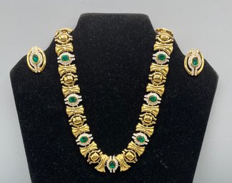 Gold-tone Green Stone Costume Jewelry Necklace With Matching Earring Set