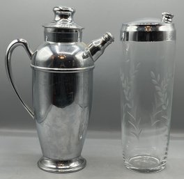 Vintage Chromwell Silver MFG Co. Chromium Pitcher With Etched Glass Shaker - 2 Total