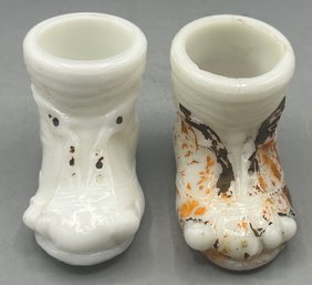 Antique Hand Painted Milk Glass Tramp Shoe Figurines - 2 Total
