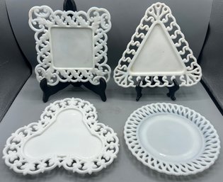 Milk Glass Open Lace Edge Pattern Plates - 4 Total